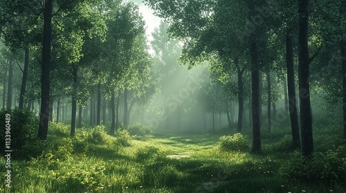 A cinematic shot of a misty forest at dawn, with sunlight filtering through the trees, creating a serene and mystical background.