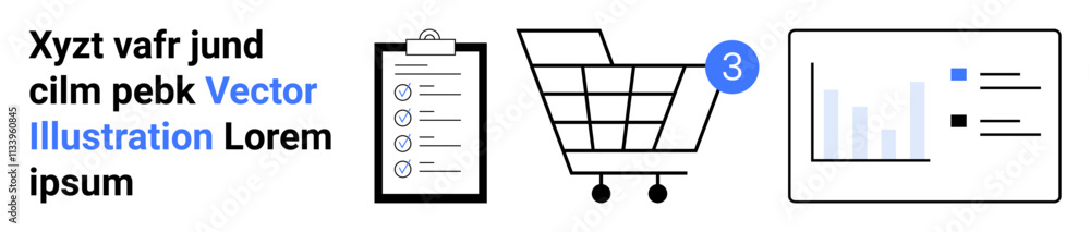 Shopping cart with notification, checklist on clipboard, analytics chart, text sample. Ideal for e-commerce, data analysis, marketing, business strategy, online shopping, project management Shopping cart with notification, checklist on clipboard, analytics chart, text sample. Ideal for e-commerce, data analysis, marketing, business strategy, online shopping, project management