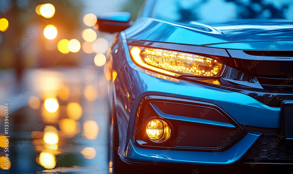 Close-up of a car's front end with illuminated lights and a blurred background. Close-up of a car's front end with illuminated lights and a blurred background.
