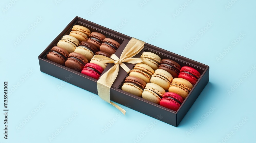 Colorful Macarons in a Gift Box on Blue Background Colorful Macarons in a Gift Box on Blue Background
