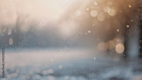 Dreamy snowfall in bokeh effect. Blur nature background of soft snowflakes falling in a serene Christmas winter atmosphere.