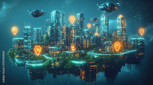 Futuristic Floating City Map with Glowing Airships and Illuminated Aerial Pathways photo