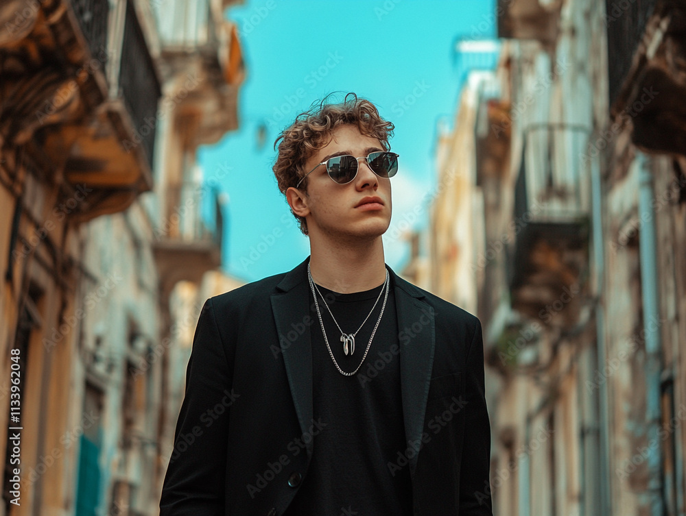 Fototapeta premium A young handsome man wearing sunglasses and standing on a street in city ai generated