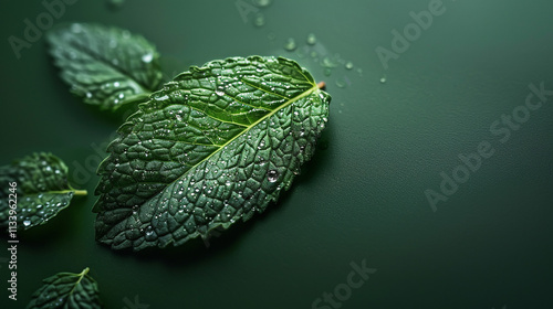 A realistic mint leaf with tiny water droplets on a solid green background. photo