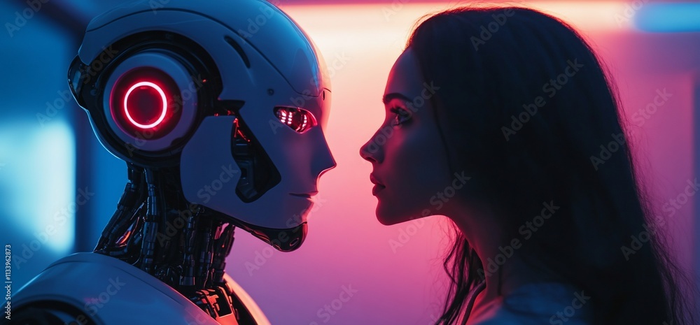 A robot and a woman face each other in a futuristic setting with neon lights. A robot and a woman face each other in a futuristic setting with neon lights.