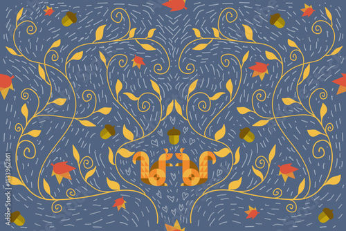 Squirrel with falling leaves wallpaper seamless pattern