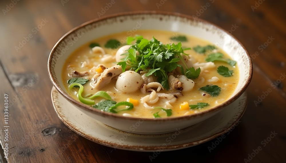Bowl of Tom Kha Soup with Coconut Milk, Chicken, and Fresh Herbs Bowl of Tom Kha Soup with Coconut Milk, Chicken, and Fresh Herbs