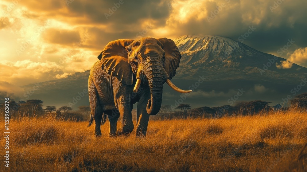 Fototapeta premium Majestic Elephant Against Mountainous Sunset Landscape