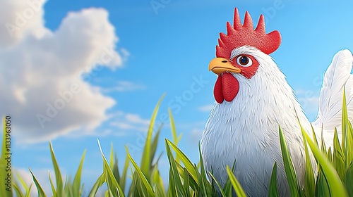 Charming White Rooster in Lush Green Grass Under Bright Blue Sky