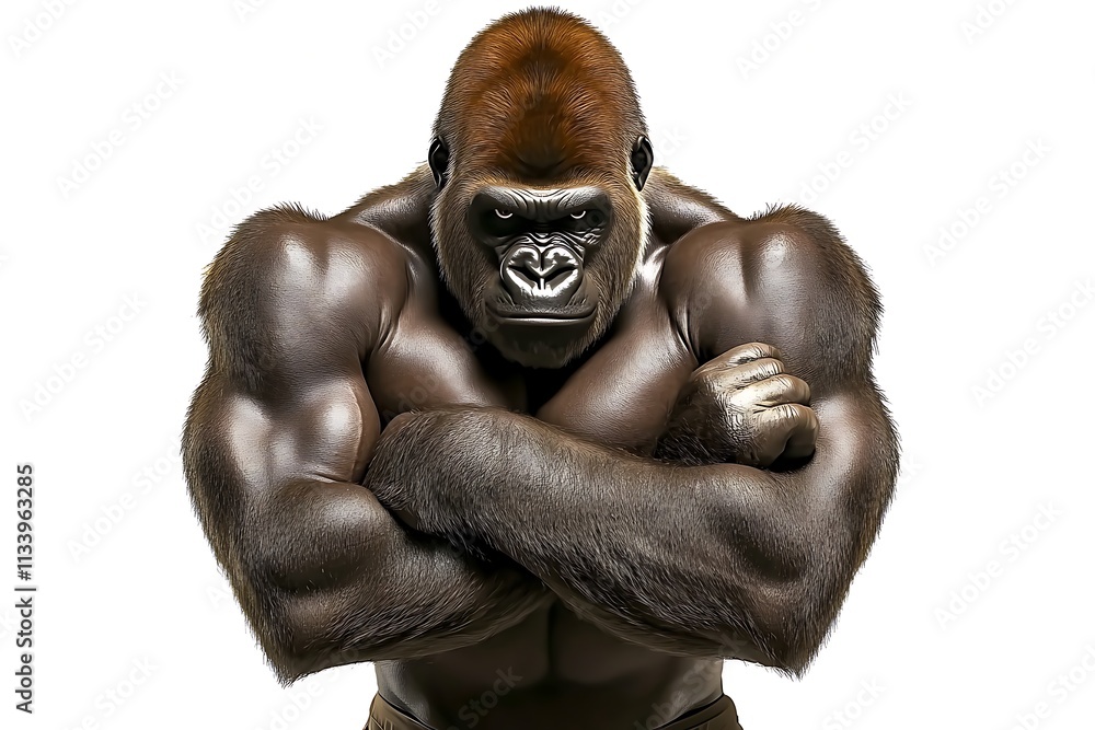 Strong and Powerful Gorilla with Muscular Build Against White Background Strong and Powerful Gorilla with Muscular Build Against White Background