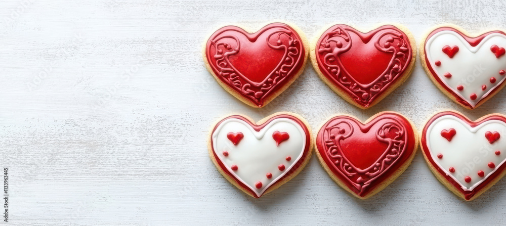 Delicious heart shaped cookies with glossy red and white frosting, isolated design on white background
Delicious heart shaped cookies with glossy red and white frosting, isolated design on white background
