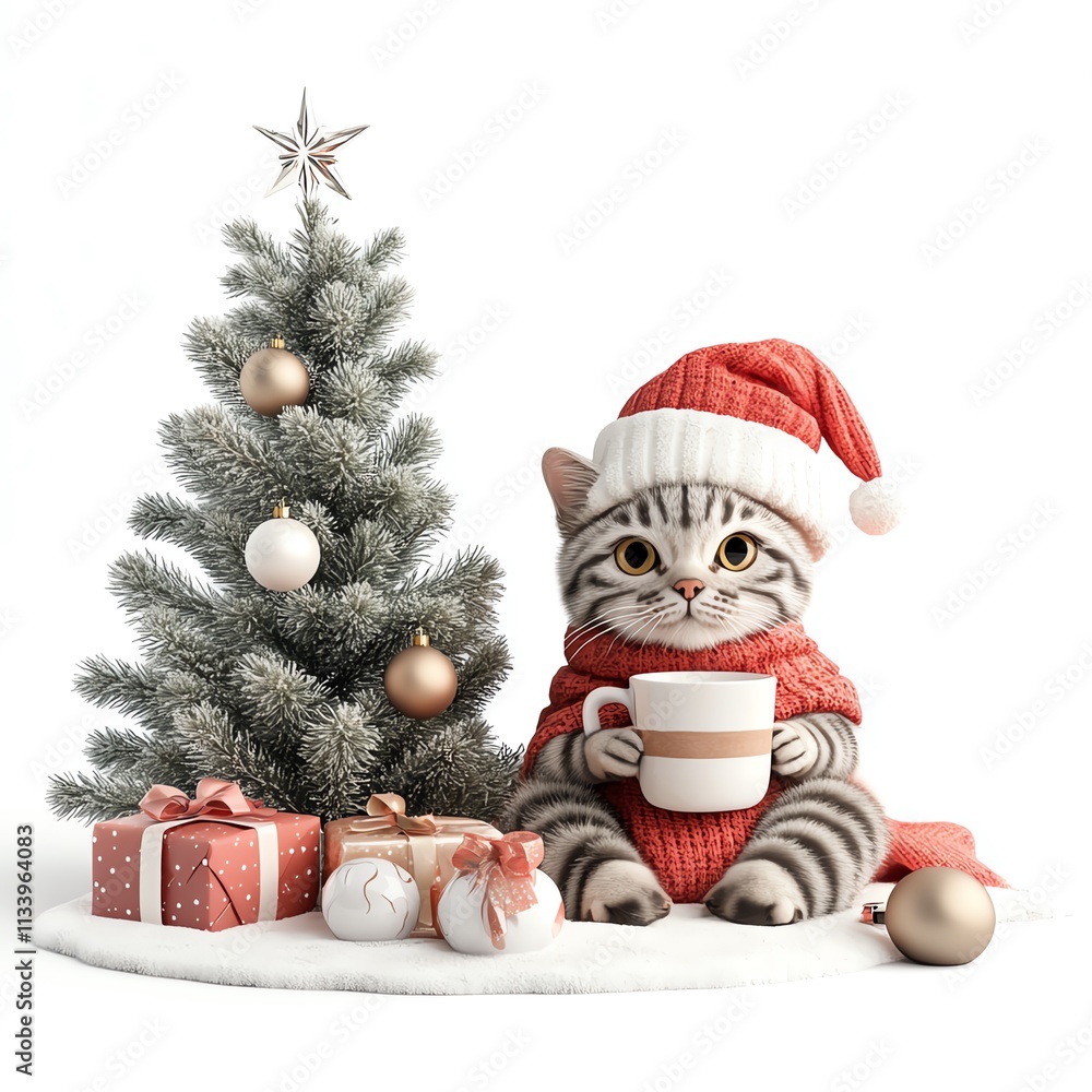 A festive cat in a Santa hat enjoying a cozy holiday scene with gifts and a tree. A festive cat in a Santa hat enjoying a cozy holiday scene with gifts and a tree.
