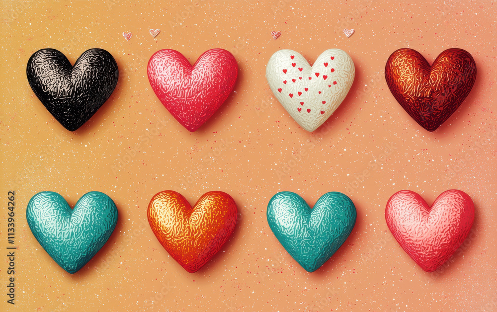Colorful heart shaped icons with embossed effects create joyful display