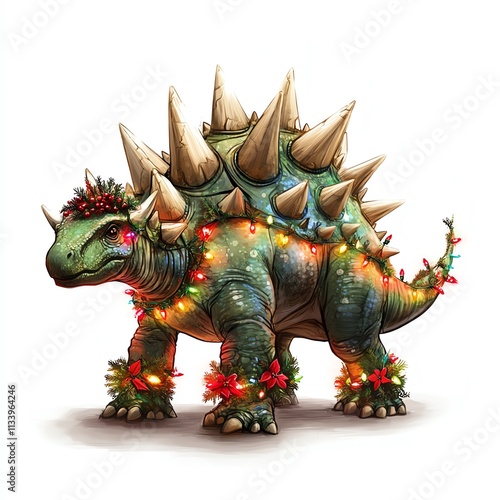 A festive dinosaur adorned with lights and decorations, perfect for holiday themes.