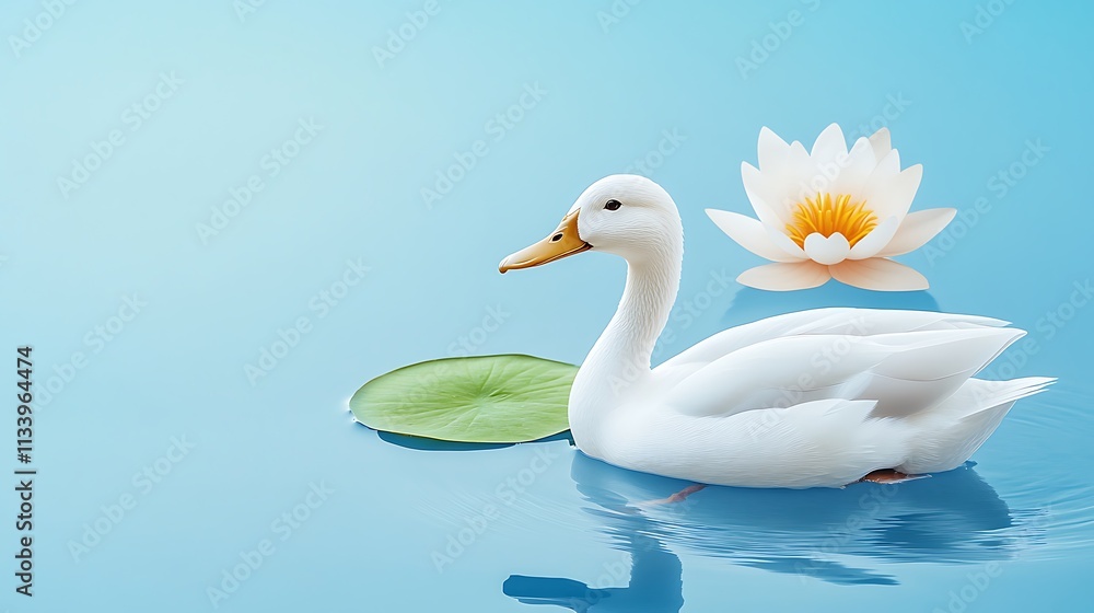 Fototapeta premium Elegant White Duck Swimming Near Lotus Flower on Serene Water