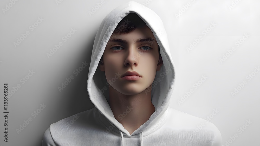 Young man with serious expression wearing a white hoodie against a white background. Young man with serious expression wearing a white hoodie against a white background.