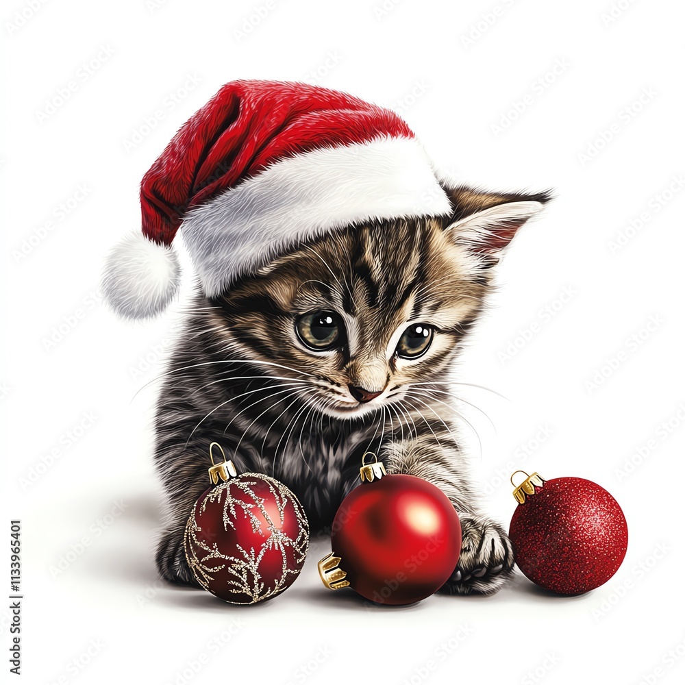 A playful kitten in a Santa hat exploring colorful Christmas ornaments. A playful kitten in a Santa hat exploring colorful Christmas ornaments.