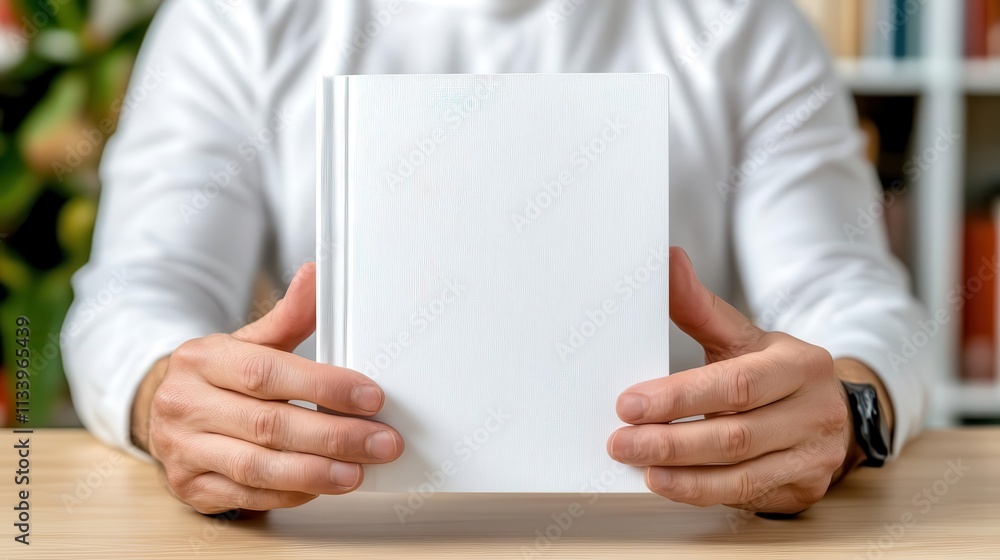 A blank book cover in the hands of an author sitting in a library, showcasing the essence of literary imagination. A blank book cover in the hands of an author sitting in a library, showcasing the essence of literary imagination.