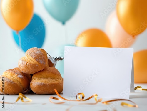 A blank birthday card on a festive table, inviting personalization and joy. photo