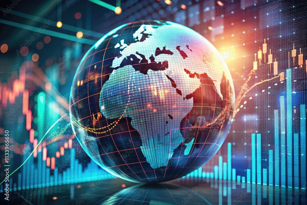 Global finance visualized: a 3D globe showcasing dynamic stock markets and world trade economics. Global finance visualized: a 3D globe showcasing dynamic stock markets and world trade economics.