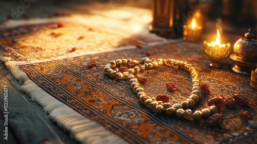 Ramadan Kareem Concept. Islamic Prayer Carpet with Rosary

 photo