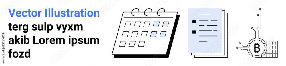 Calendar with rings, document stack, and Bitcoin symbol linked to circuitry. Ideal for scheduling, finance, tech, cryptocurrency, digital assets, blockchain, and organization themes. Landing page Calendar with rings, document stack, and Bitcoin symbol linked to circuitry. Ideal for scheduling, finance, tech, cryptocurrency, digital assets, blockchain, and organization themes. Landing page