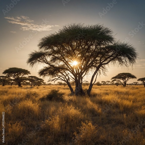 A sunlit savanna dotted with acacia trees and tall grasses.