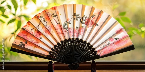 A beautifully designed Japanese fan with floral designs, opened in a serene setting.  photo