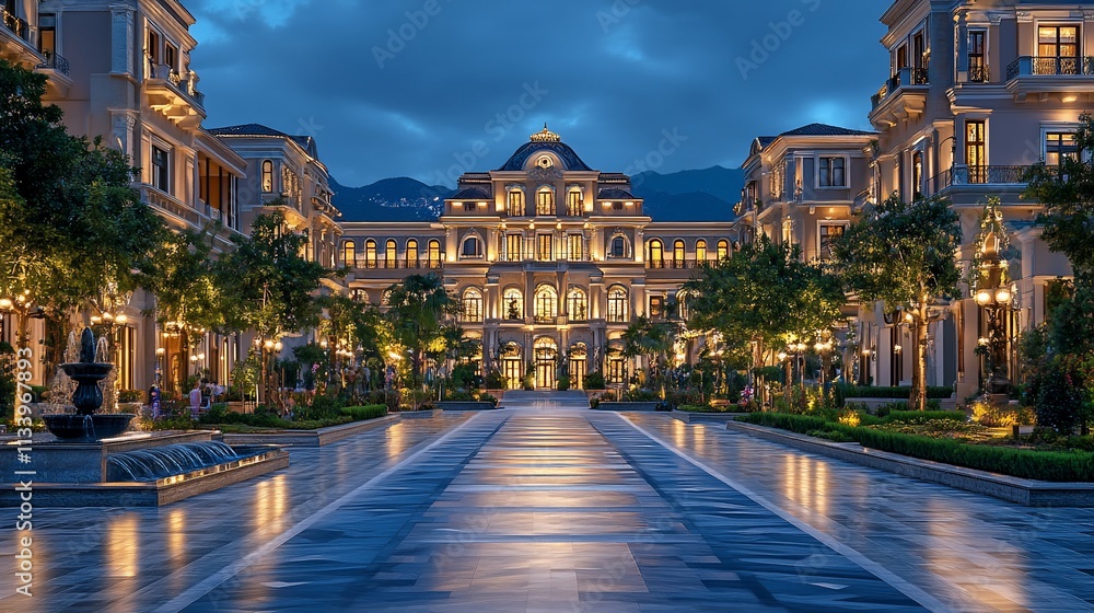 Naklejka premium Elegant street view of a luxurious building at dusk with illuminated surroundings.