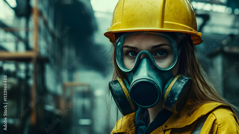 A woman adorned in a vibrant yellow helmet and protective gas mask stands confidently in a hazardous work environment. Her sturdy attire hints at the dangerous nature of her surroundings. A woman adorned in a vibrant yellow helmet and protective gas mask stands confidently in a hazardous work environment. Her sturdy attire hints at the dangerous nature of her surroundings.