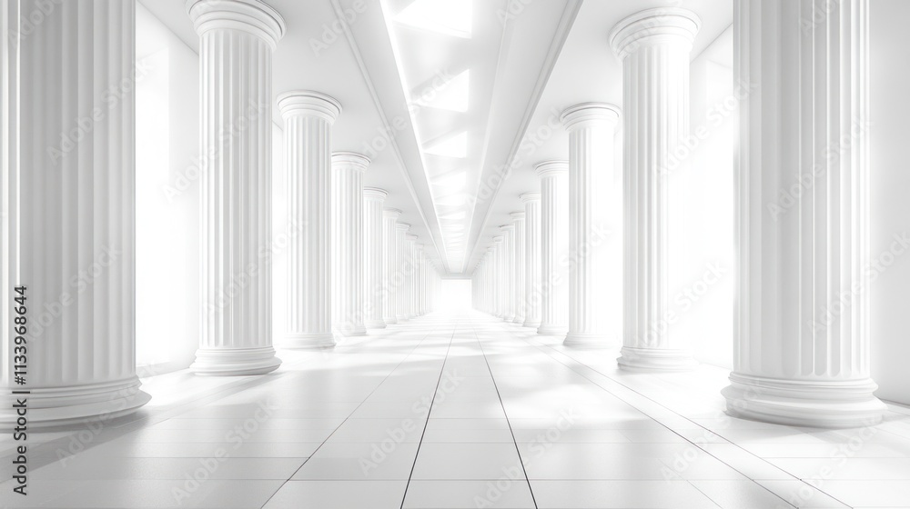 Fototapeta premium A White Marble Corridor with Pillars Leading to Light
