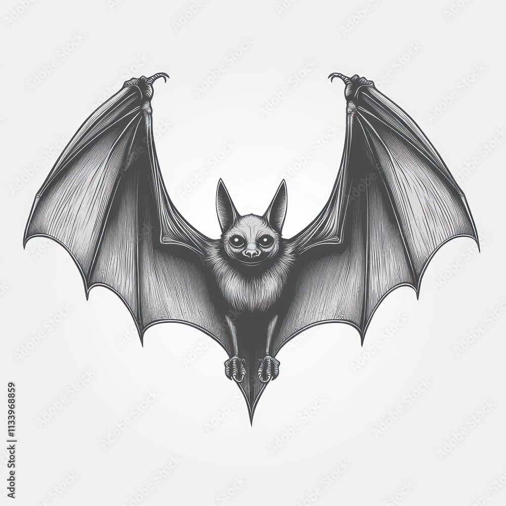 Obraz premium Monochrome illustration of a bat with wings spread wide.