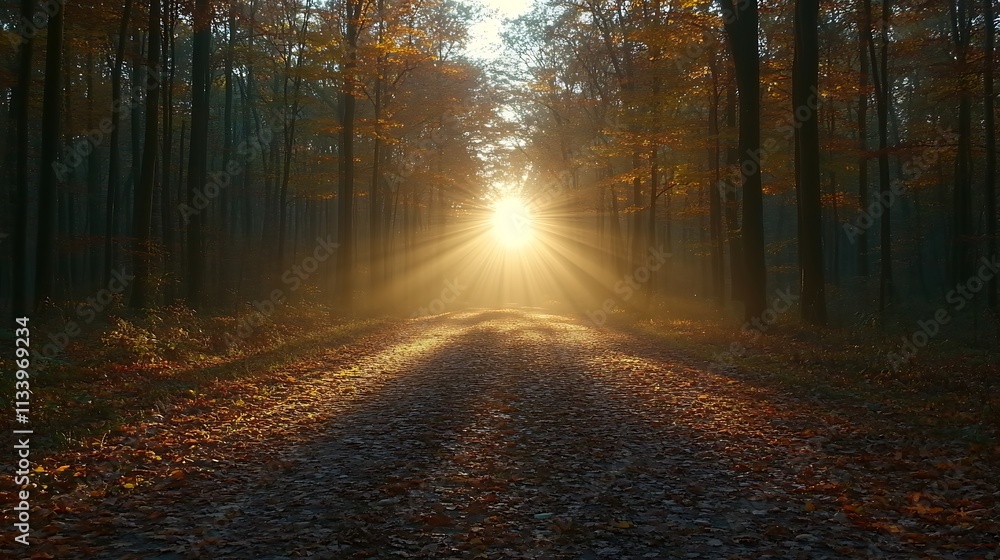 Obraz premium Sunbeams Illuminate Autumnal Forest Path