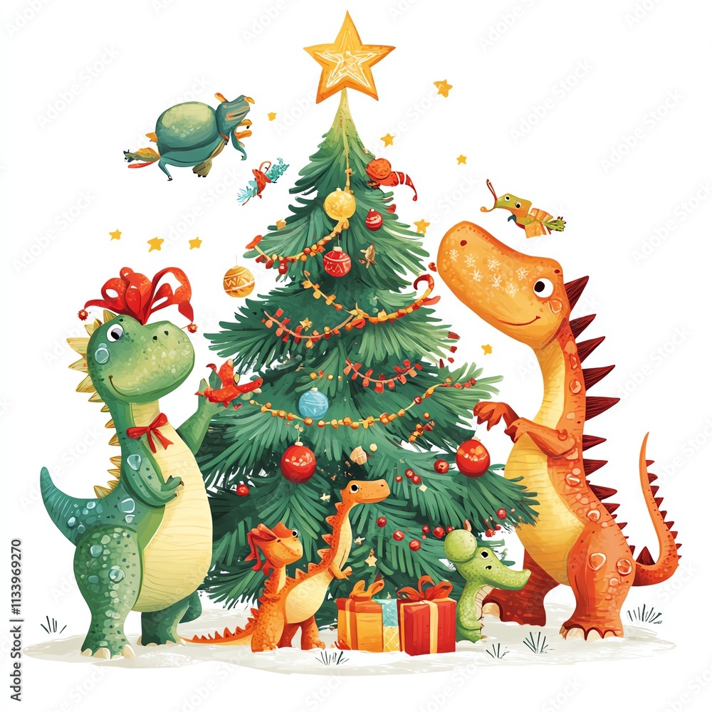 Fototapeta premium Playful dinosaurs celebrating Christmas by decorating a cheerful Christmas tree.