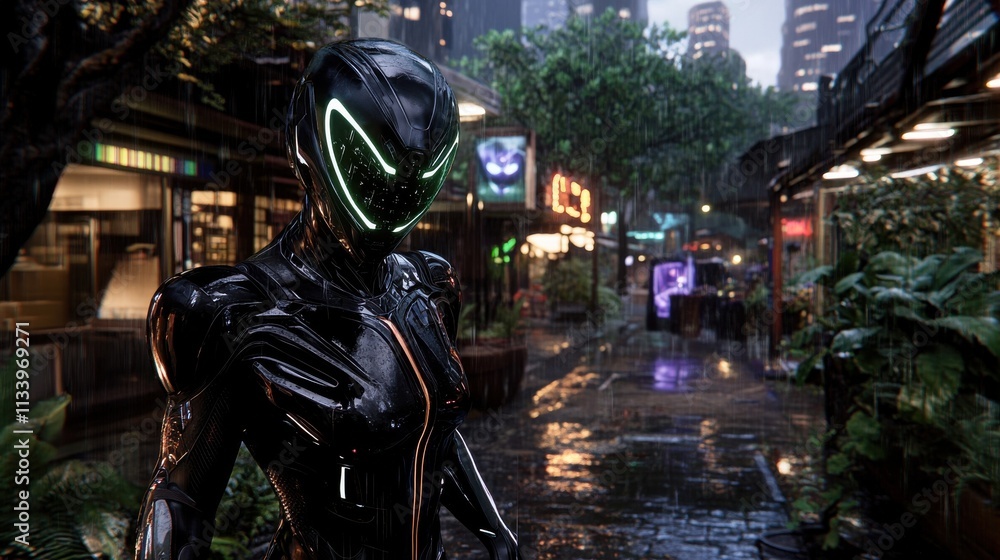 Futuristic Cyberpunk Character in Neon City with Rain-soaked Streets and Lush Greenery Surrounded by Modern Architecture and Vibrant Lights at Night Futuristic Cyberpunk Character in Neon City with Rain-soaked Streets and Lush Greenery Surrounded by Modern Architecture and Vibrant Lights at Night