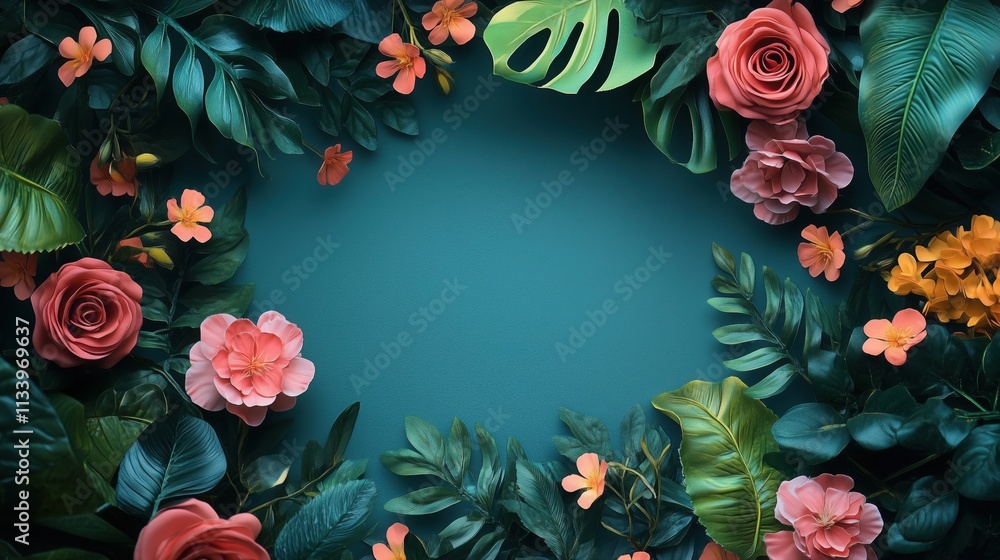 Fototapeta premium Tropical Floral Frame: Teal Background with Lush Greenery and Vibrant Blooms 