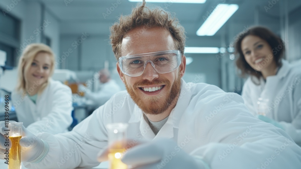 Obraz premium Laboratory experiment action with scientists in research facility science environment smiling teamwork viewpoint for innovation