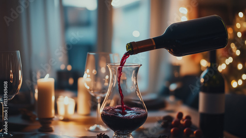 Red Wine Bottle Pouring into Decorative Decanter in Well-Lit Room photo