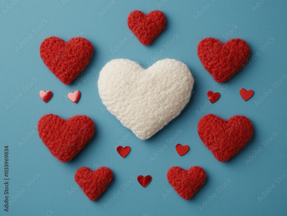 Soft red and white hearts arranged on blue background create romantic vibe Soft red and white hearts arranged on blue background create romantic vibe