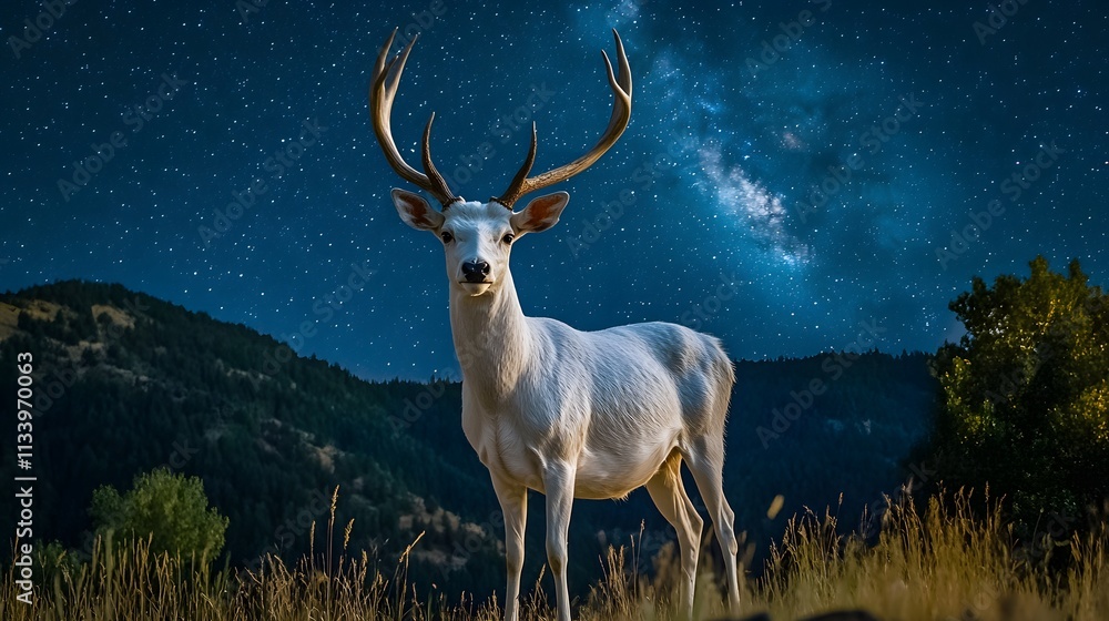 Fototapeta premium A majestic white deer with perfect antlers, on the mountain and the view of the stars in the beautiful sky