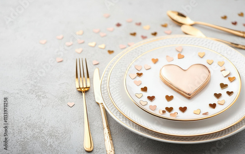 Elegant dinner setting with heart confetti and golden accents, isolated design on white background
 photo