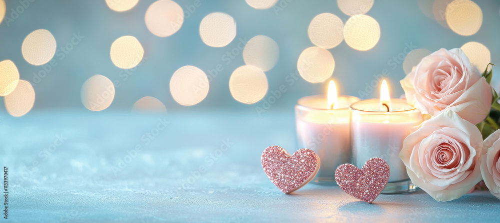 Romantic dinner setting with candles, roses, and heart shaped cookies Romantic dinner setting with candles, roses, and heart shaped cookies