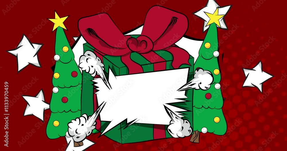 Cartoon Gift Box and Christmas decorated pine tree. with blank speech bubble, comic book holiday background. Retro vector comics pop art design.