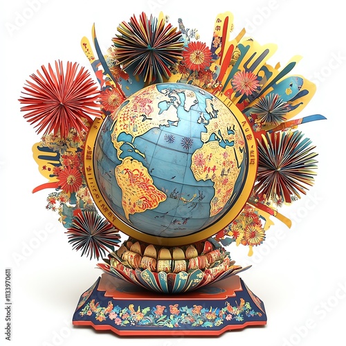 A vibrant and artistic globe surrounded by colorful decorations and patterns. photo