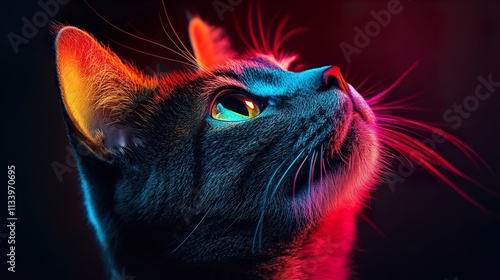 Vibrant Cat Portrait: Neon Colors and Dark Background