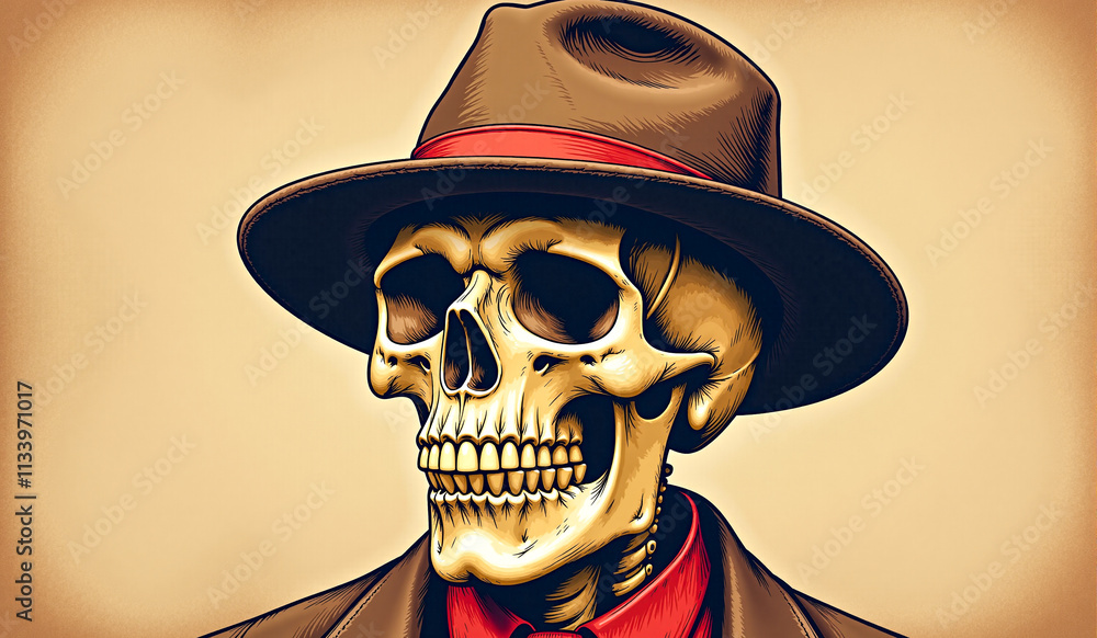 A detailed illustration of a skull wearing a brown fedora and a red shirt, exuding a vintage, noir style with bold, striking colors. A detailed illustration of a skull wearing a brown fedora and a red shirt, exuding a vintage, noir style with bold, striking colors.