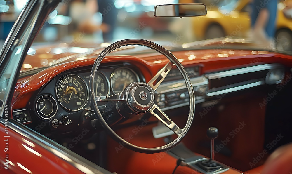 Obraz premium Interior view of a classic car showcasing its dashboard and steering wheel design.