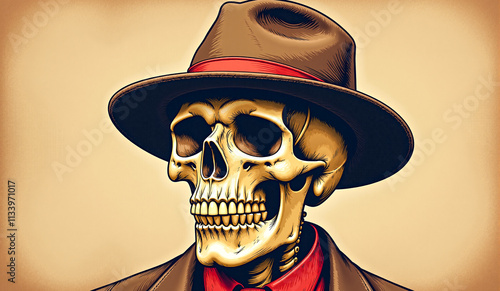 A detailed illustration of a skull wearing a brown fedora and a red shirt, exuding a vintage, noir style with bold, striking colors. photo