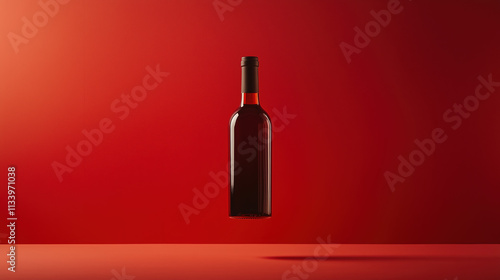 Red Wine Bottle Floating in Minimalist Studio, Hard Lighting with Sharp Reflections on Glass and Shadows photo