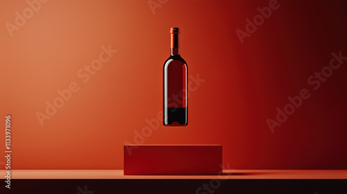 Floating Red Wine Bottle with Sharp Reflections, Modern Studio Lighting on Smooth Red Background photo